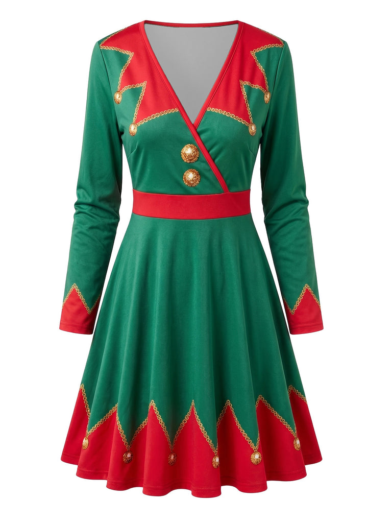 Green 1950s Christmas V Neck Dress 1