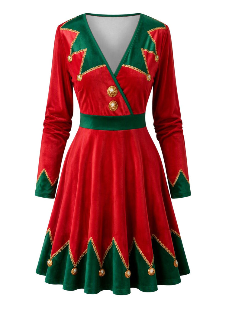 Green 1950s Christmas V Neck Dress 5