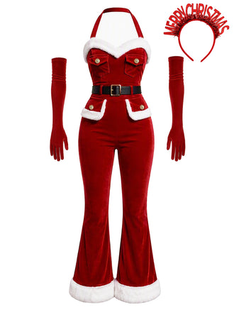 [Pre-Sale] Red 1960s Christmas Utility Velvet Flare Jumpsuit