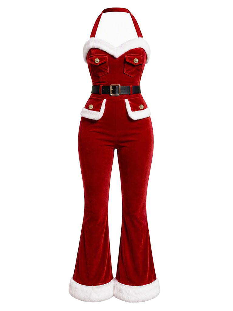 [Pre-Sale] Red 1960s Christmas Utility Velvet Flare Jumpsuit