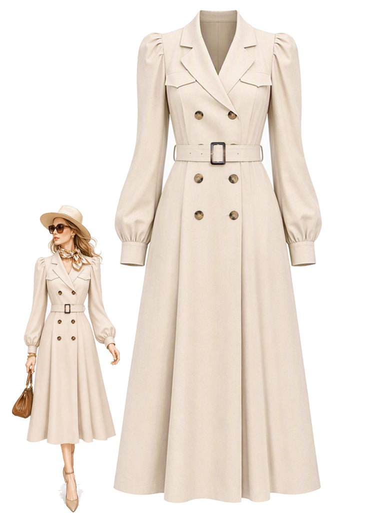 [Pre-Sale] Beige 1940s Double-Breasted Puff Sleeve Trench Coat