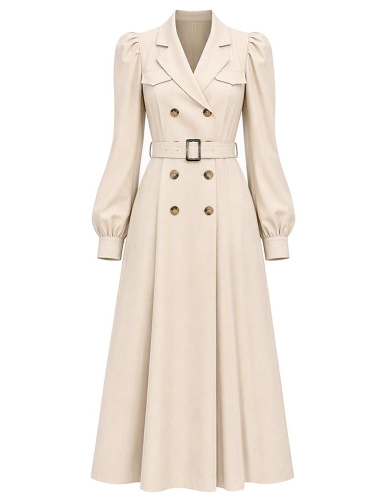 [Pre-Sale] Beige 1940s Double-Breasted Puff Sleeve Trench Coat