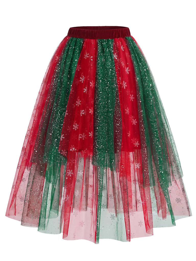 [Pre-Sale] 2PCS 1950s Christmas Snowflake Off-Shoulder Fur Top & Mesh Skirt