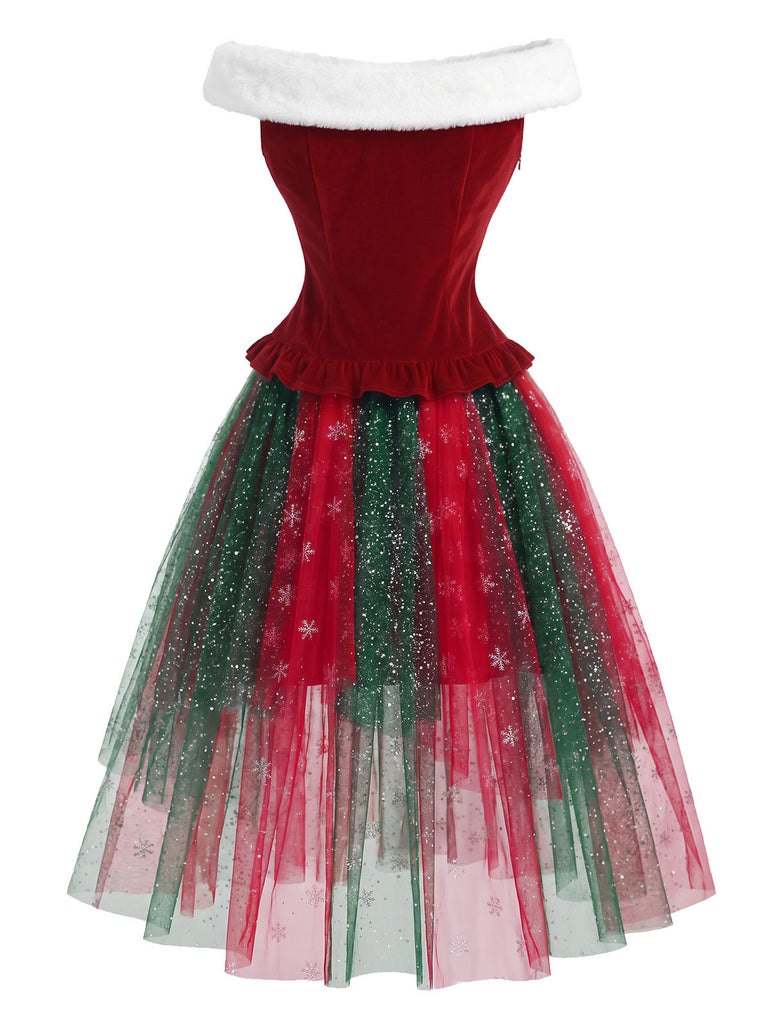 [Pre-Sale] 2PCS 1950s Christmas Snowflake Off-Shoulder Fur Top & Mesh Skirt