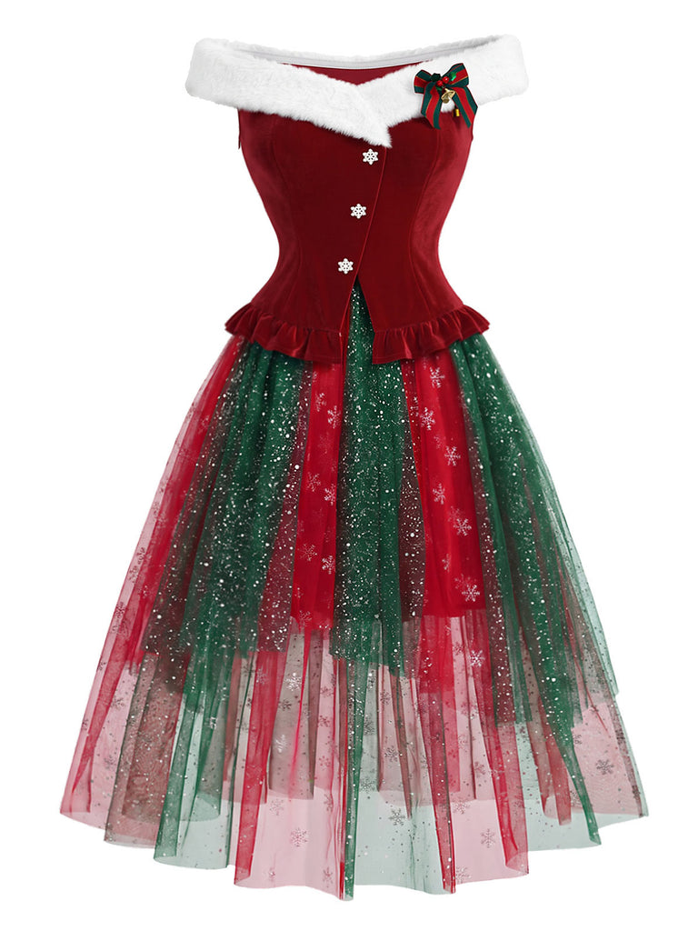 [Pre-Sale] 2PCS 1950s Christmas Snowflake Off-Shoulder Fur Top & Mesh Skirt