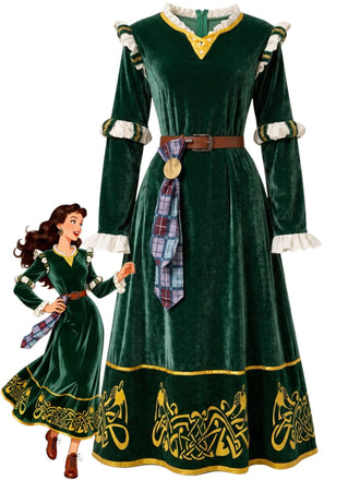 Green 1940s Embroidered Velvet Belted Medieval Dress