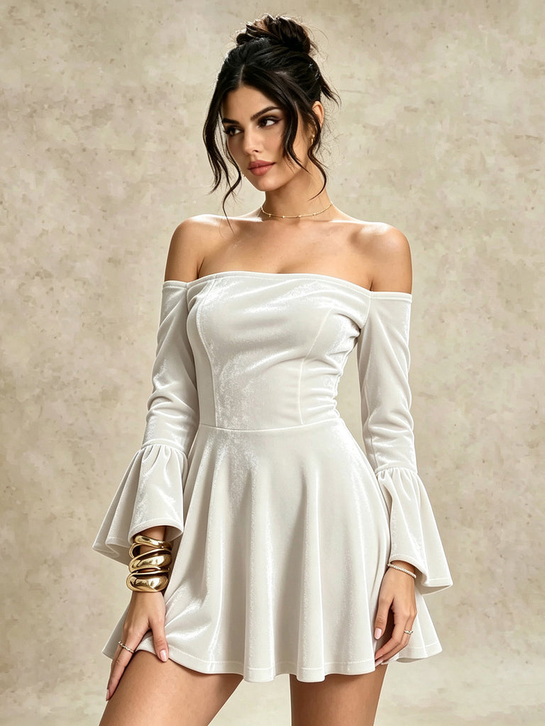 Velvet Off Shoulder Bell Sleeve Midi Dress 4