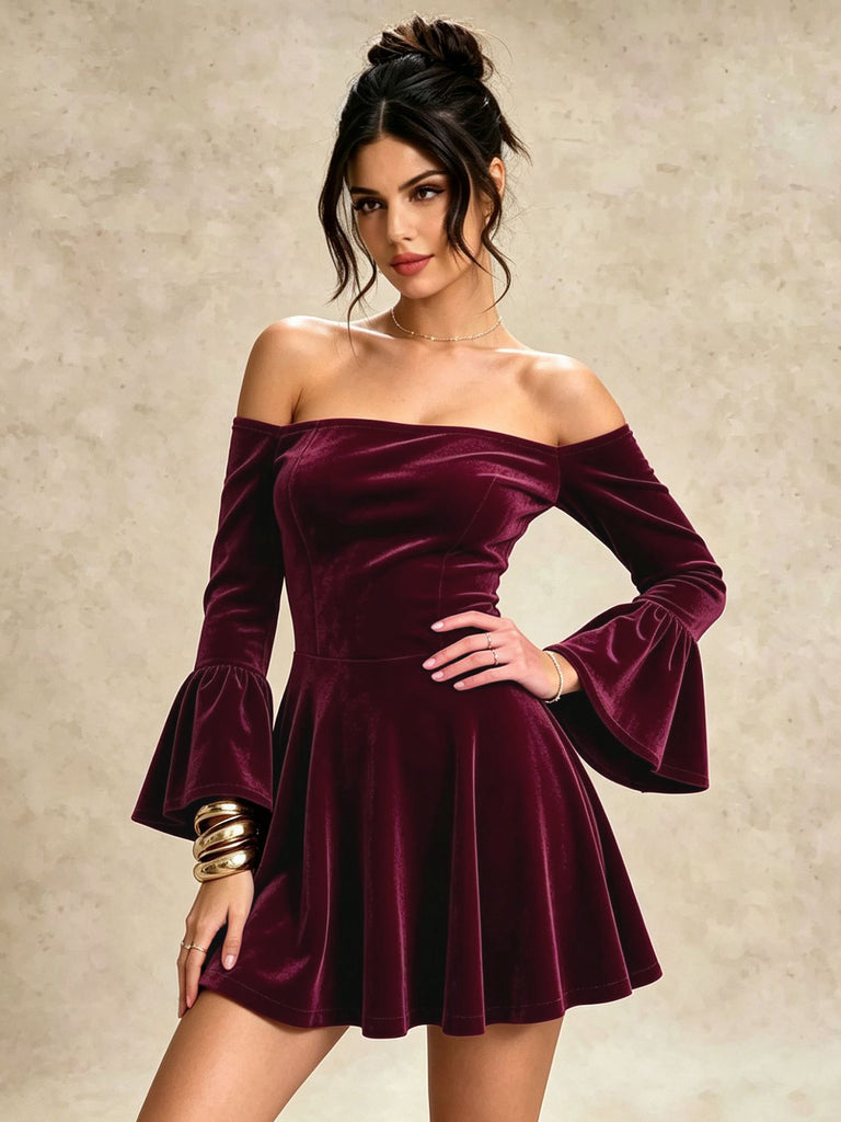 Velvet Off Shoulder Bell Sleeve Midi Dress 8