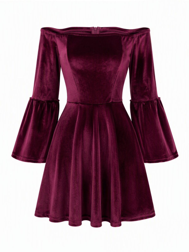 Velvet Off Shoulder Bell Sleeve Midi Dress 10
