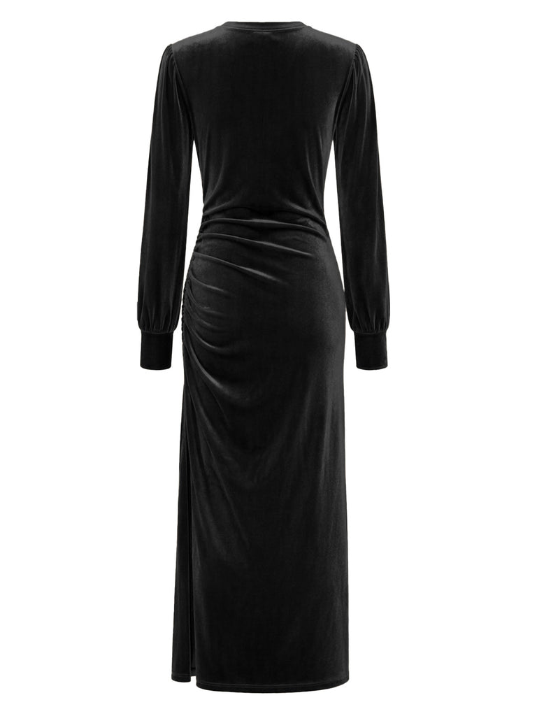 Velvet Ruched Waist Slit Evening Midi Dress 2