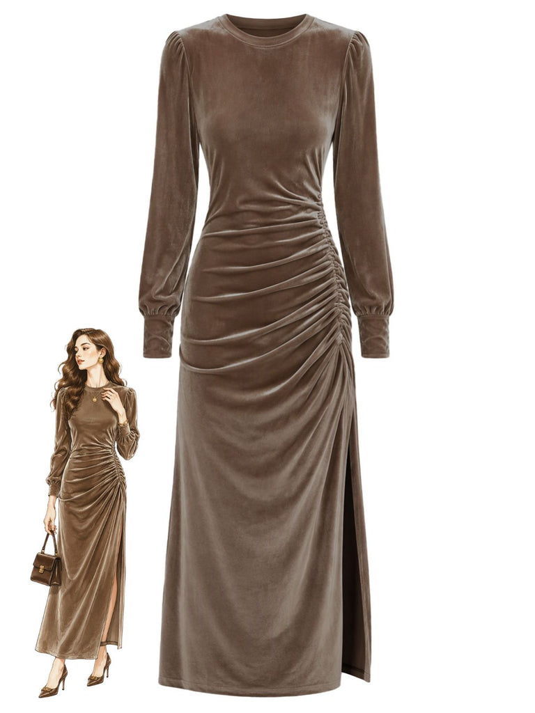 Velvet Ruched Waist Slit Evening Midi Dress 4
