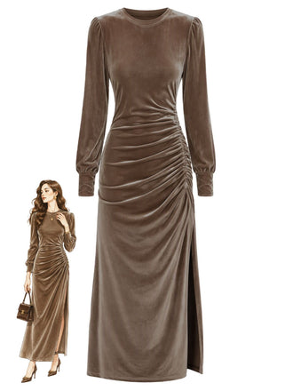 Velvet Ruched Waist Slit Evening Midi Dress 4