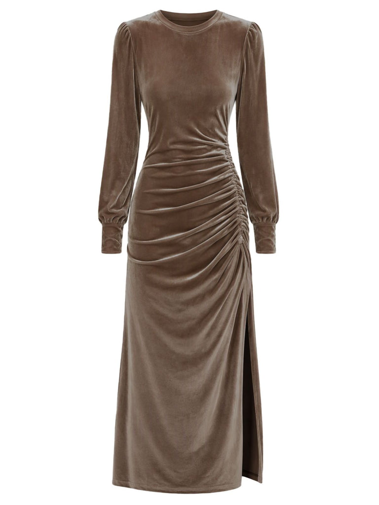 Velvet Ruched Waist Slit Evening Midi Dress 6