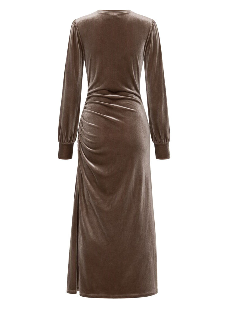 Velvet Ruched Waist Slit Evening Midi Dress 7
