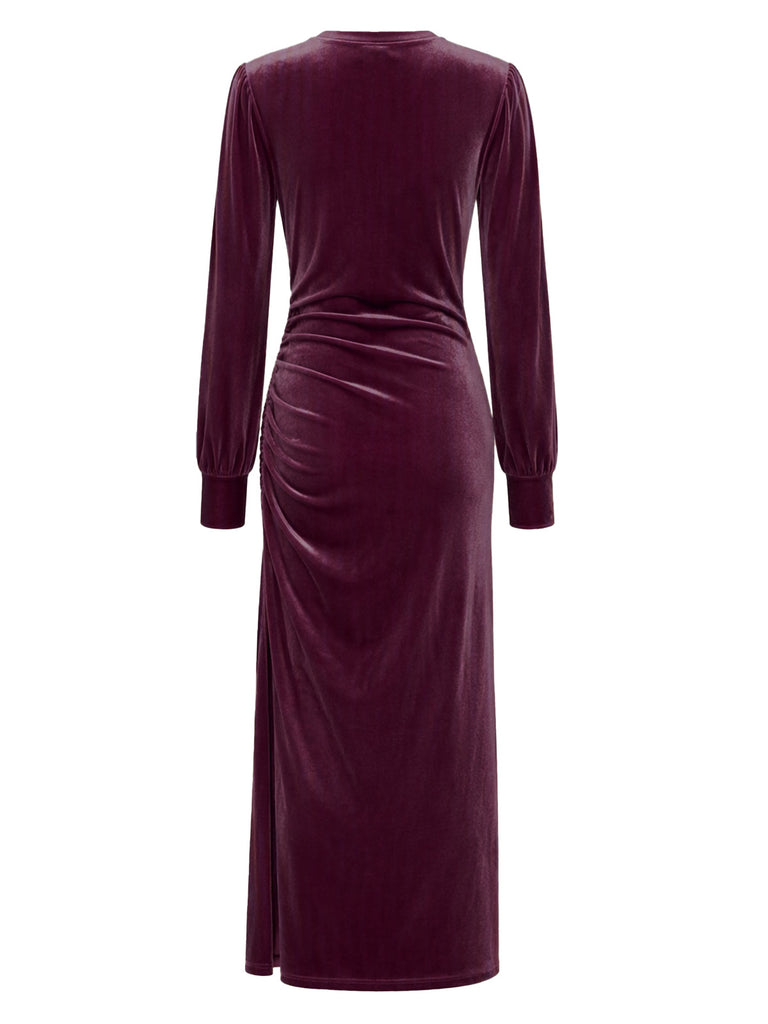 Velvet Ruched Waist Slit Evening Midi Dress 9