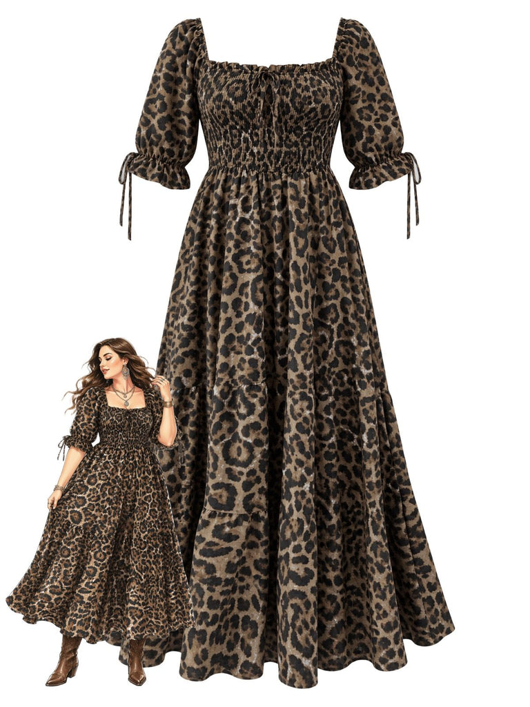 Plus Size Leopard Print Ruched Midi Dress 1