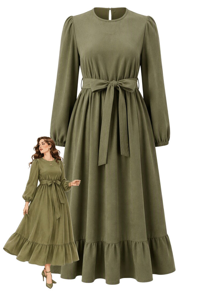 Army Green Lantern Sleeve Midi Dress 1
