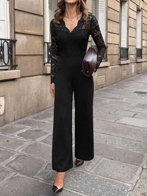 Black 1950s Lace V-Neck Long-Sleeve Wide-Leg Jumpsuit | Retro Stage