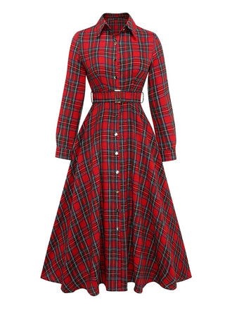 Red 1950s Plaid Belted Shirt Dress