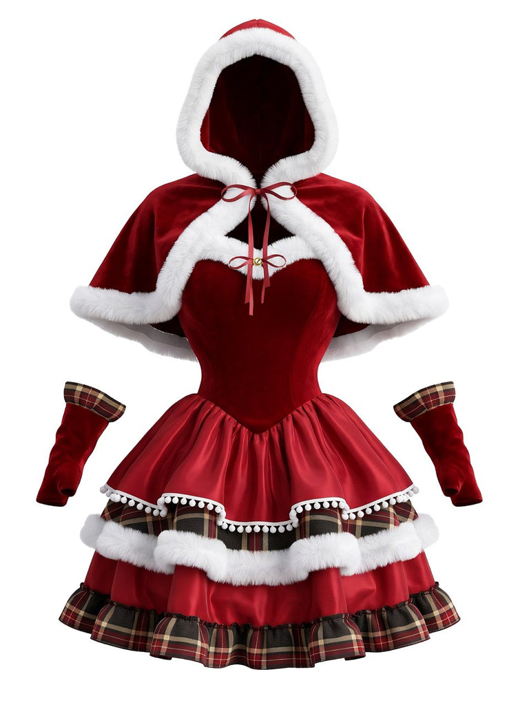 1950s Christmas Velvet Plaid Tiered Dress With Hooded Cape