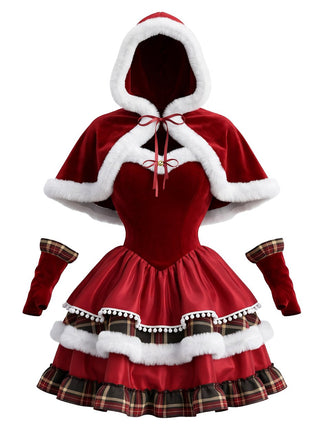 1950s Christmas Velvet Plaid Tiered Dress With Hooded Cape