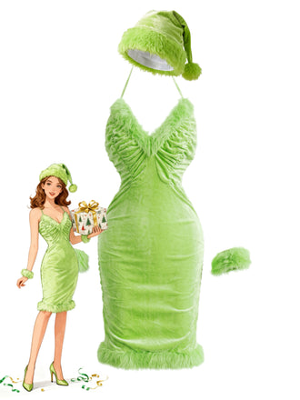 Green 1970s Christmas Velvet Faux-Fur Trim Halter Dress Set