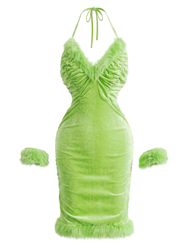 Green 1970s Christmas Velvet Faux-Fur Trim Halter Dress Set
