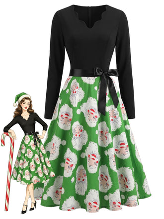 Christmas Print Long Sleeve Fit and Flare Dress 1