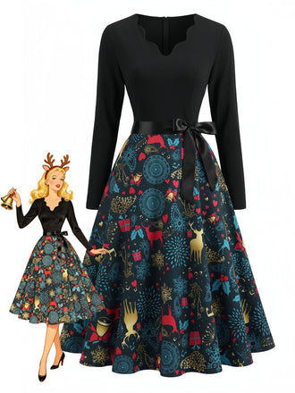Multicolor 1950s Christmas Floral Dress 1