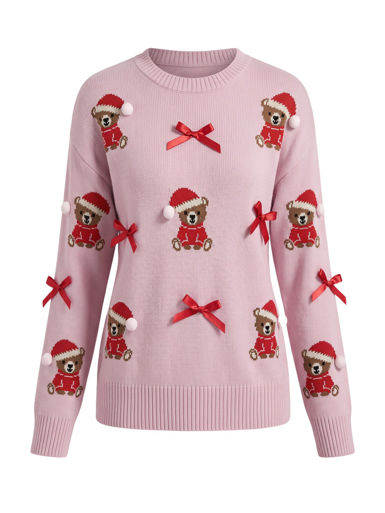 Teddy Bear Bow Jacquard Christmas Sweater 3