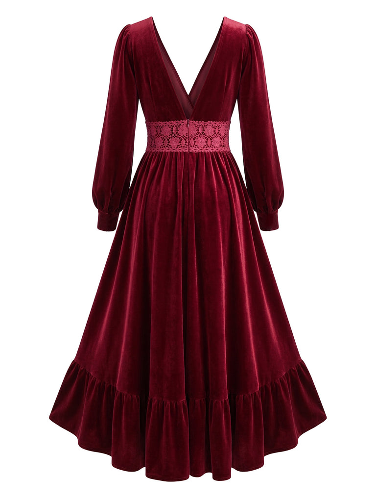 Red 1950s Velvet V Neck Dress 3