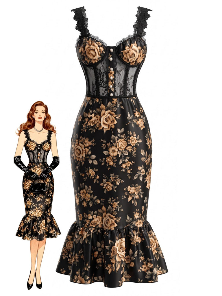 French Floral Fishtail Bodycon Midi Dress 1