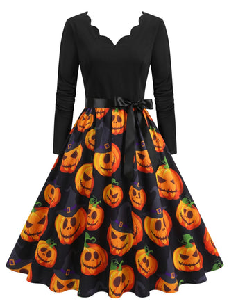1940s Halloween Pumpkin Print Petal Neck Swing Dress