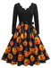 1940s Halloween Pumpkin Print Petal Neck Swing Dress