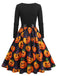 1940s Halloween Pumpkin Print Petal Neck Swing Dress