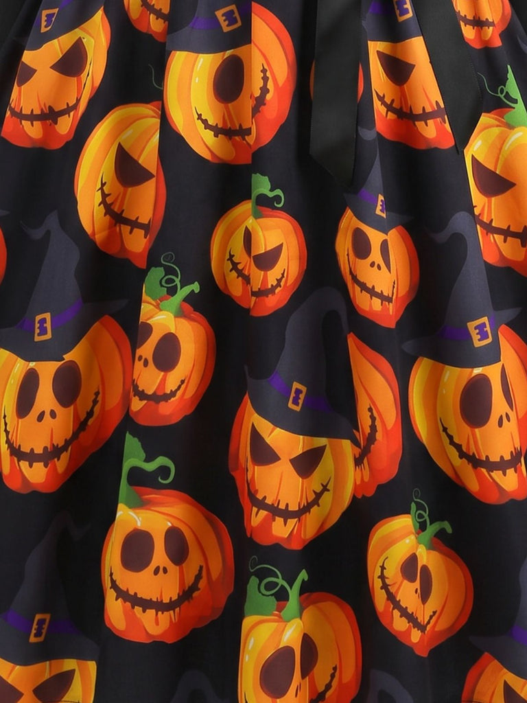 1940s Halloween Pumpkin Print Petal Neck Swing Dress