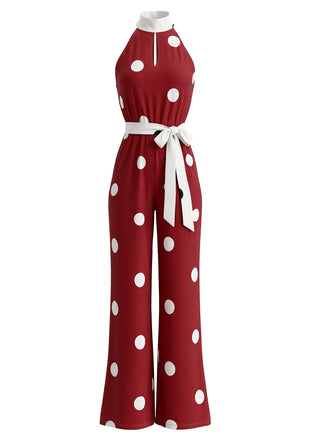 1970s Polka Dot Halter Sleeveless Wide Leg Belt Jumpsuit