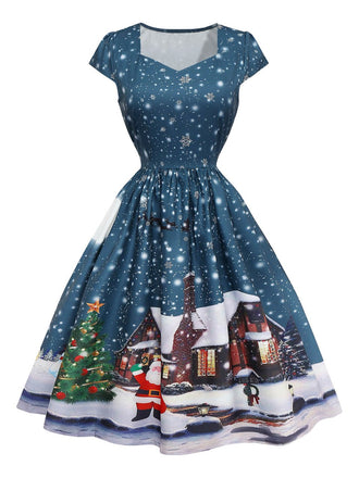 Dark Blue 1950s Santa Print Christmas Midi Dress