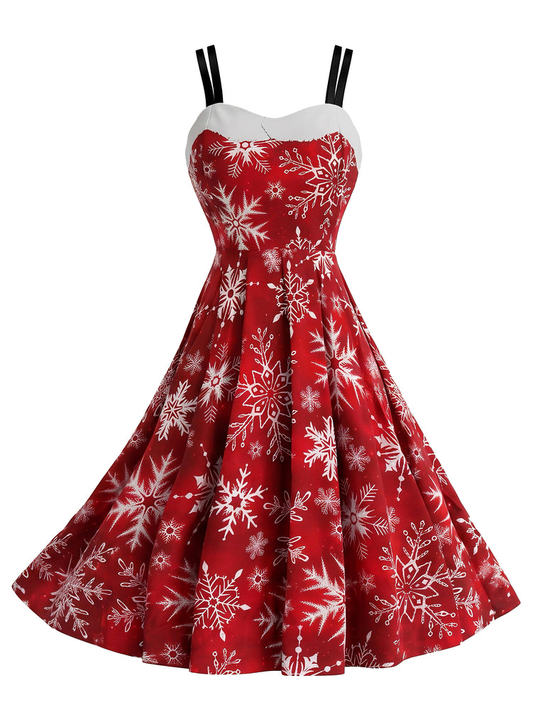 Red 1950s Christmas Reindeer Snowflake Print Swing Dress