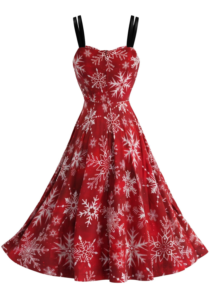 Red 1950s Christmas Reindeer Snowflake Print Swing Dress