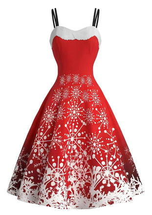 Red 1950s Christmas Reindeer Snowflake Print Swing Dress