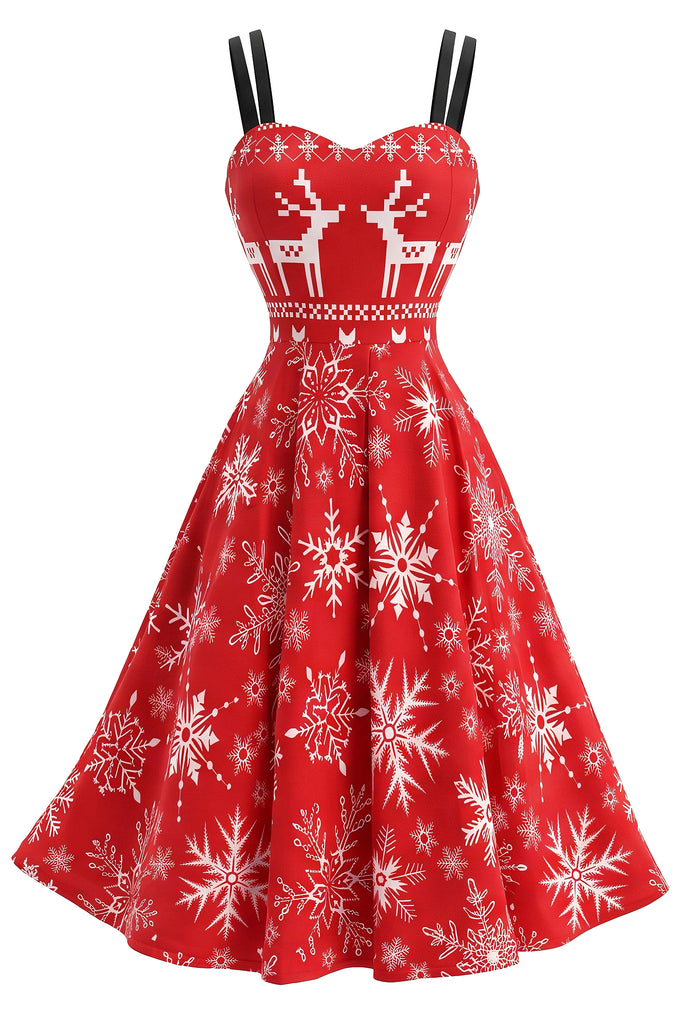 Red 1950s Christmas Reindeer Snowflake Print Swing Dress