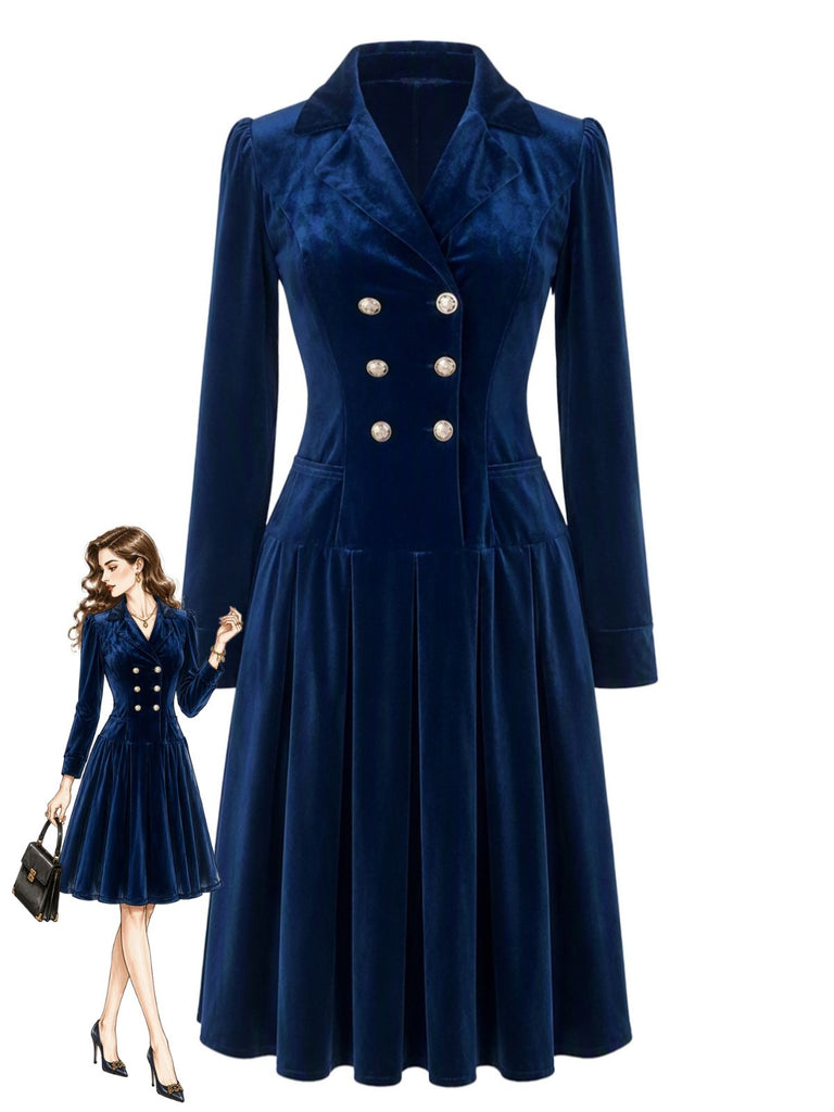 Velvet Double Breasted Fit and Flare Midi Dress 1
