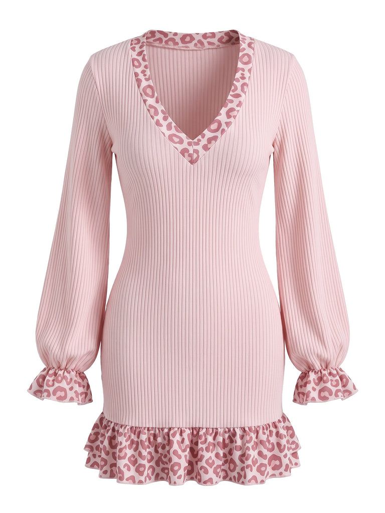 Leopard Knit Deep V Ruffle Mini Dress 5