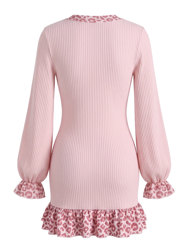 Leopard Knit Deep V Ruffle Mini Dress 6