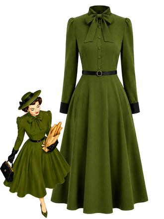 Army Green 1940s Bow Dress 1