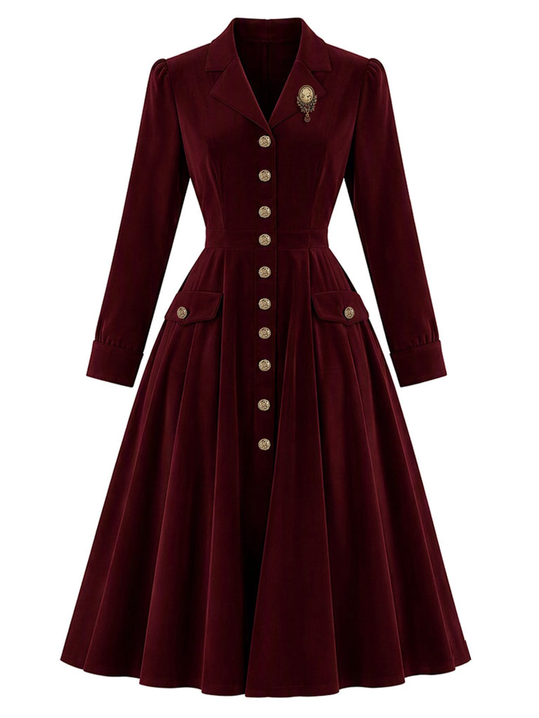 [Pre-Sale] Red 1940s Velvet Lapel Collar Pockets Button Midi Dress