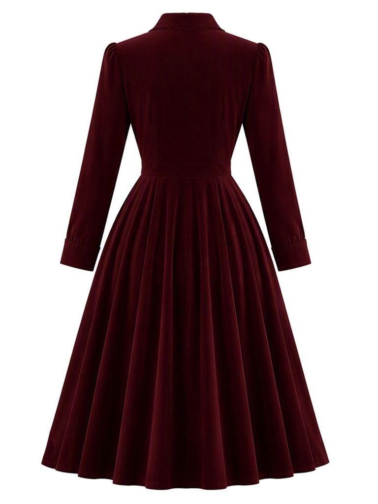 [Pre-Sale] Red 1940s Velvet Lapel Collar Pockets Button Midi Dress