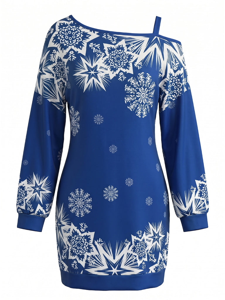 Christmas Snowflake Print Off Shoulder Mini Dress 3