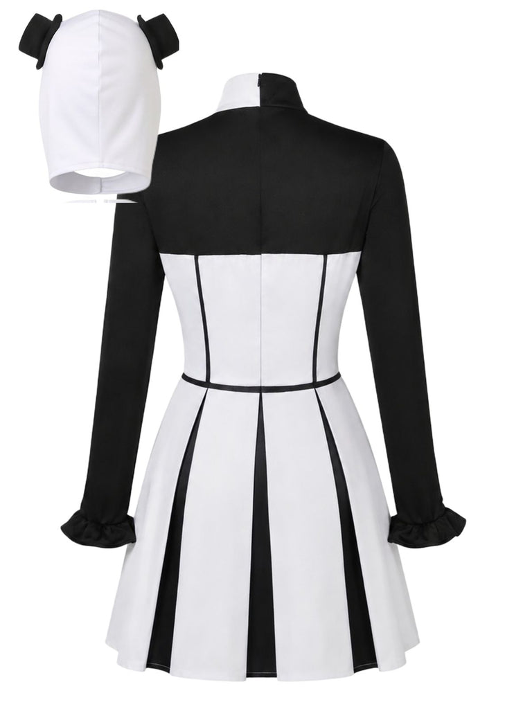 Black & White 1960s Halloween Horror Clown Costume Dress with Headpiece